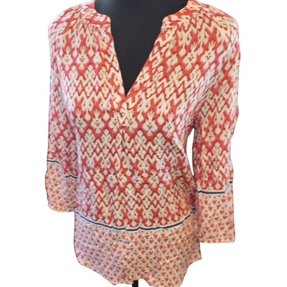 Beachlunchlounge Red White Ikat V-Neck Blouse 3/4 Sleeve XS